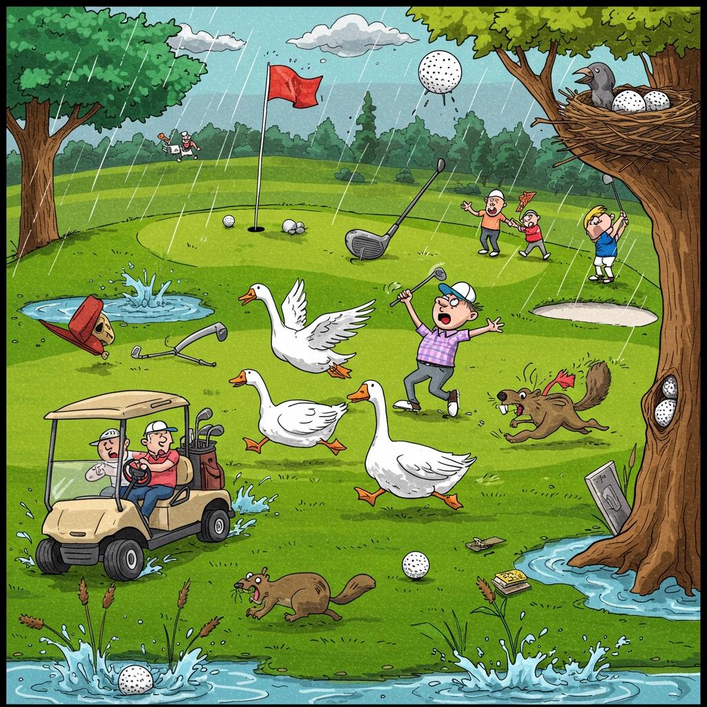 이상한 골프 코스 사건들:
* Unexpected animal encounters (e.g., alligators, bears, snakes)
* Golf cart mishaps (e.g., accidents, breakdowns, getting stuck)
* Strange weather occurrences (e.g., sudden downpours, extreme fog)
* Unusual behavior from other golfers (e.g., cheating, excessive drinking, loud arguments)
* Lost or stolen golf equipment
* Bizarre injuries or accidents
* Unexplainable happenings on the course